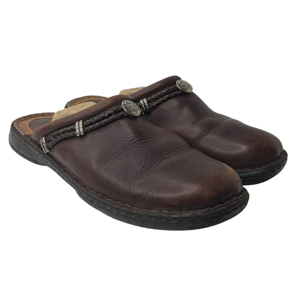 Minnetonka Women's Size 9.5 Brown Leather Mules Clogs Braided Silver Concho